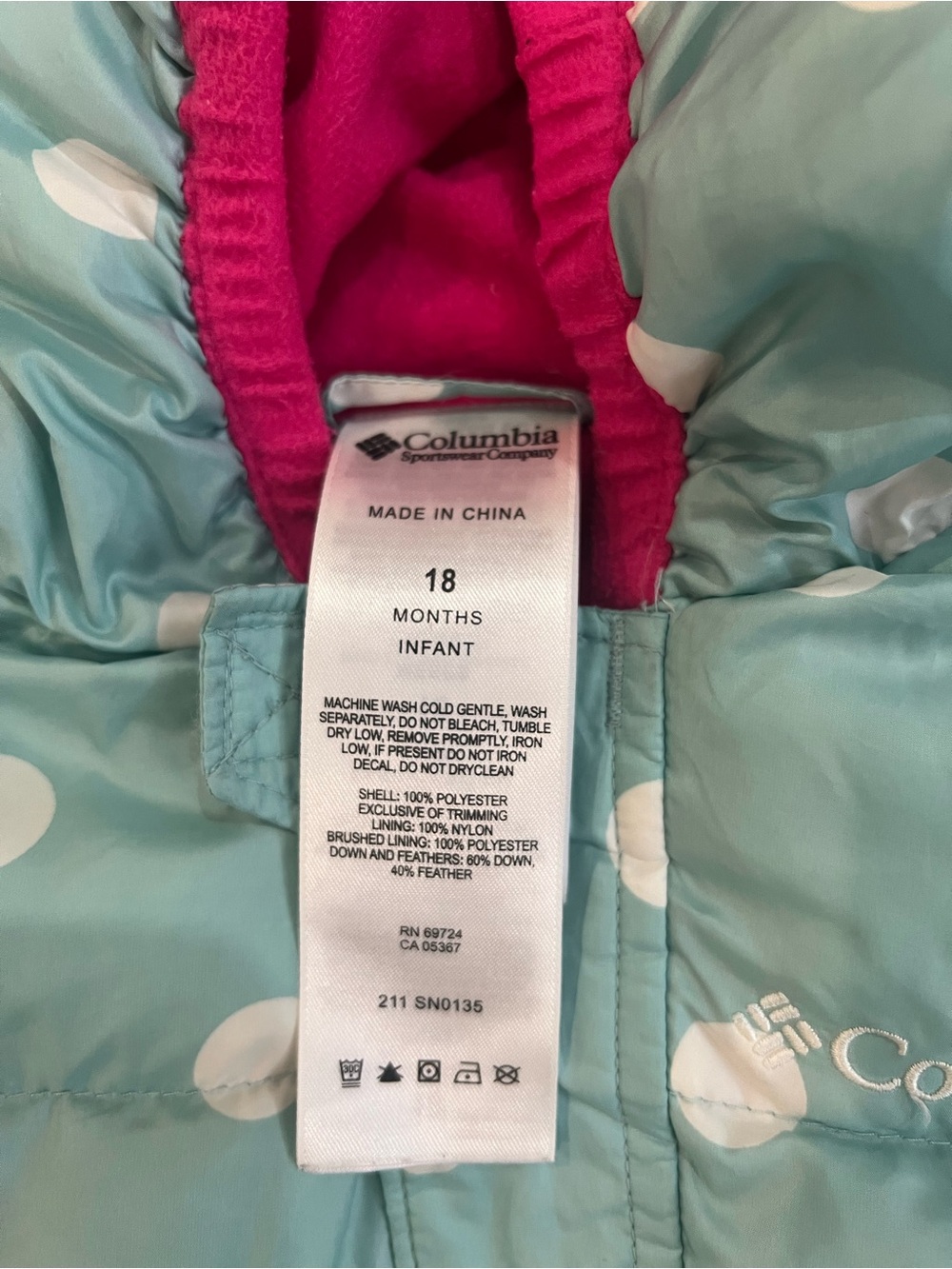 Columbia 18M Baby Down Snowsuit Mint Green Polka Dot Pink Hooded Puffer - Picture 3 of 5